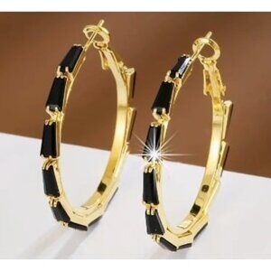 18k Gold Plated Black Simulated Diamond Hoop Earrings